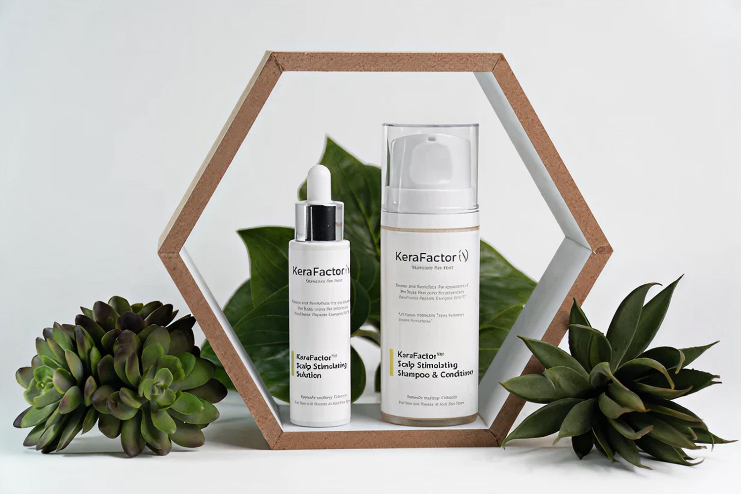 Hair care products displayed with greenery backdrop.