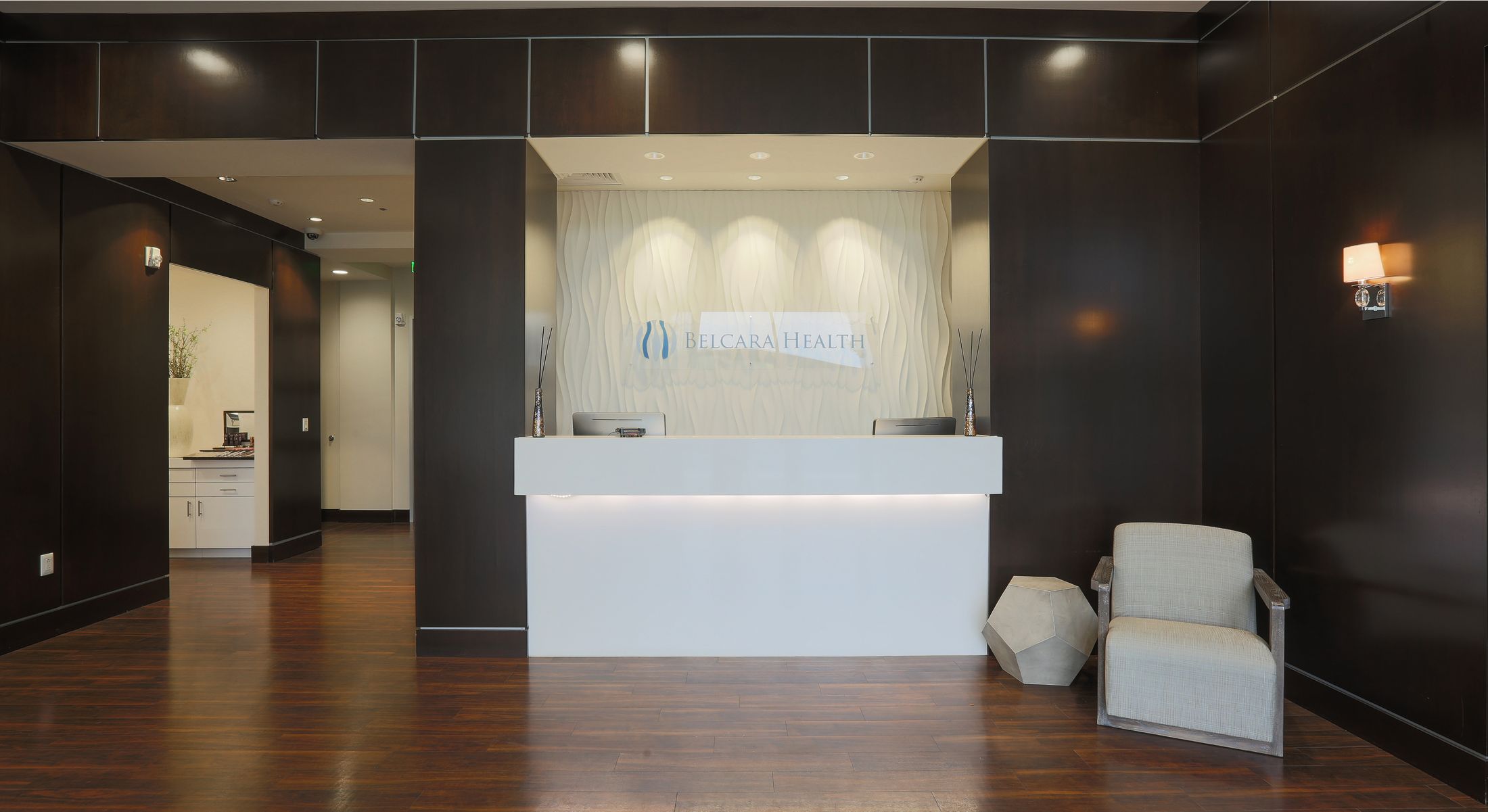 Modern healthcare reception area interior design.